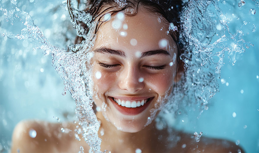 Smiling woman with closed eyes splashed by water, symbolizing freshness and rejuvenation, aligning with wellness, colonics and clear skin.