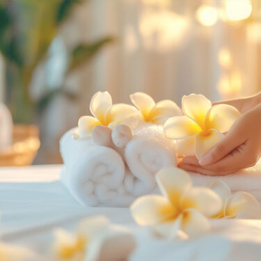 Natural colon cleanse symbolized by spa towels and yellow plumeria flowers, promoting relaxation and digestive health.