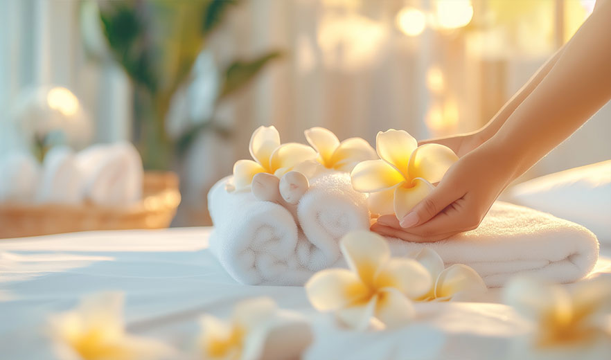 Natural colon cleanse symbolized by spa towels and yellow plumeria flowers, promoting relaxation and digestive health.