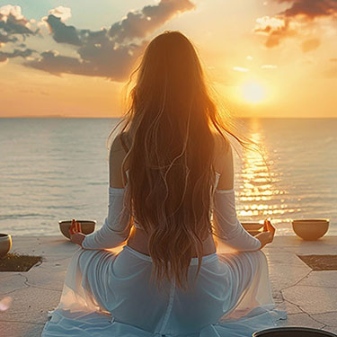Person meditating by the ocean at sunset, wearing a white outfit, with bowls beside them, symbolizing PEMF Therapy and holistic healing.
