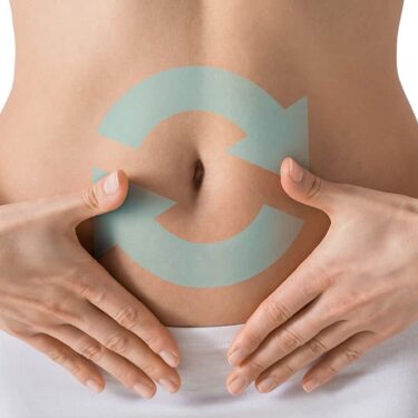 Person holding their abdomen with circular arrows representing digestive function.