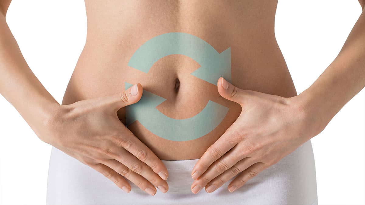 Person holding their abdomen with circular arrows representing digestive function.
